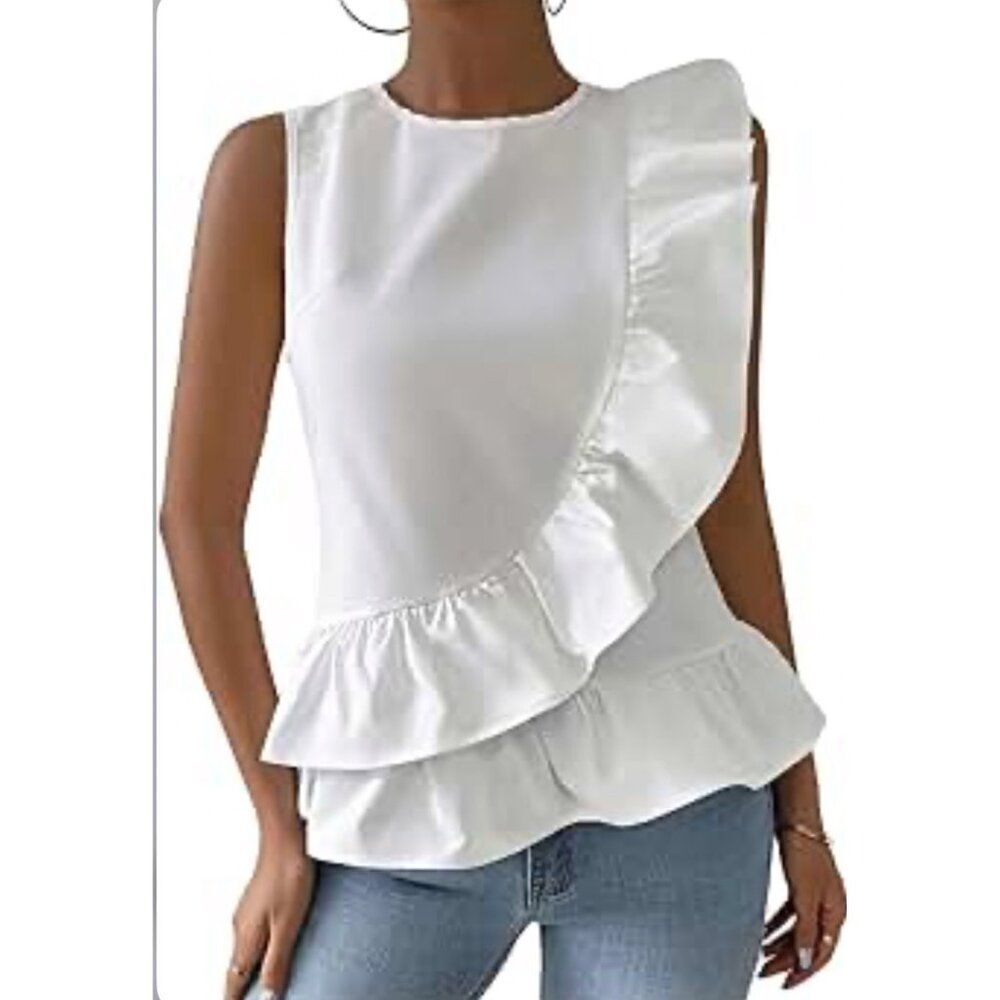 Make Me Chic Women White Sleeveless Tiered Asymmetrical Ruffle Blouse Size M